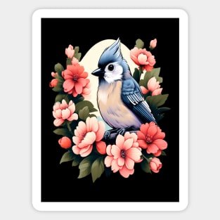 Cute Tufted Titmouse Surrounded by Vibrant Spring Flowers Magnet